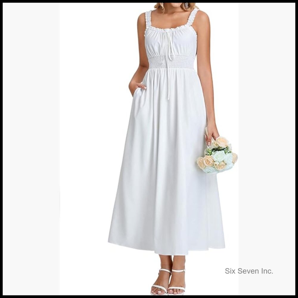 Polyester Elastane Square Neck Smocked Midi Dress… - image 1